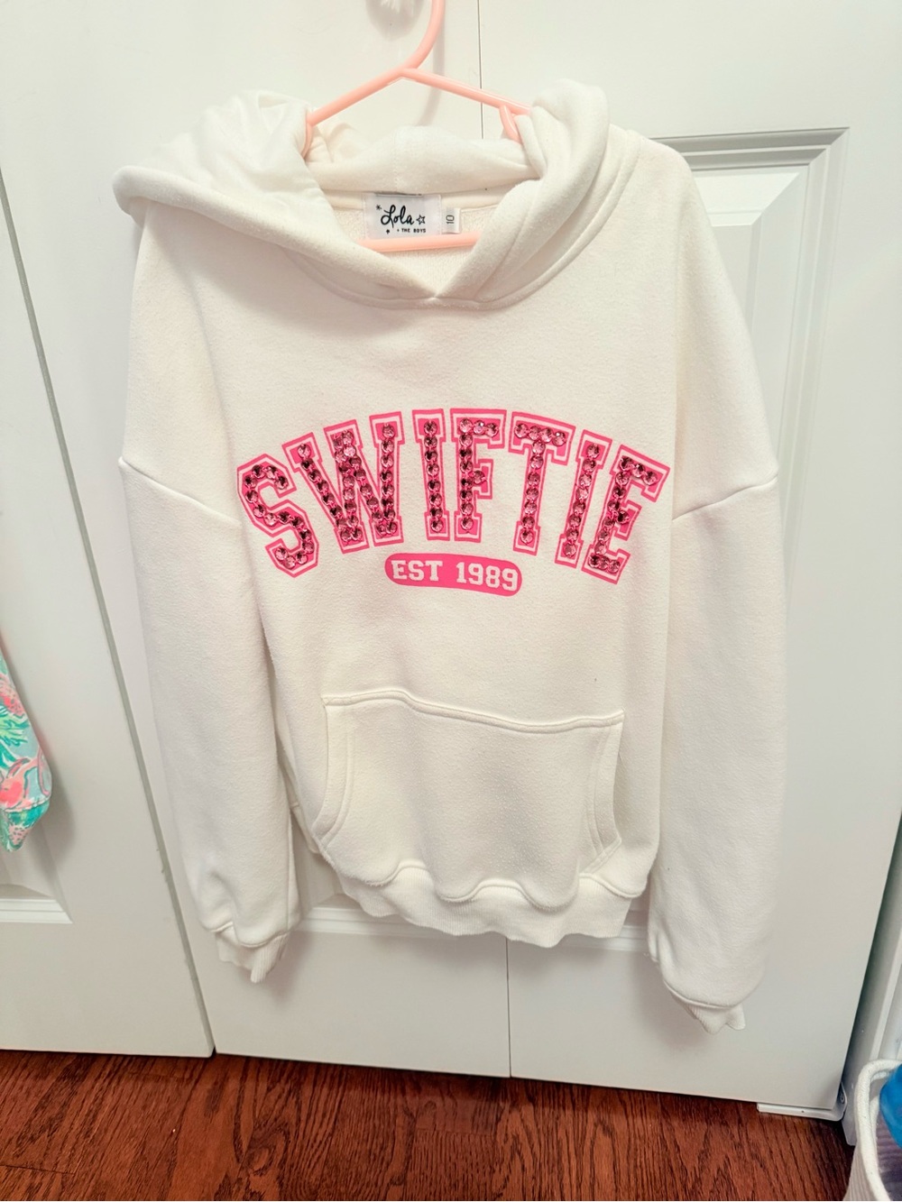 Lola + The Boys White Hoodie with Pink SWIFTIE Graphic